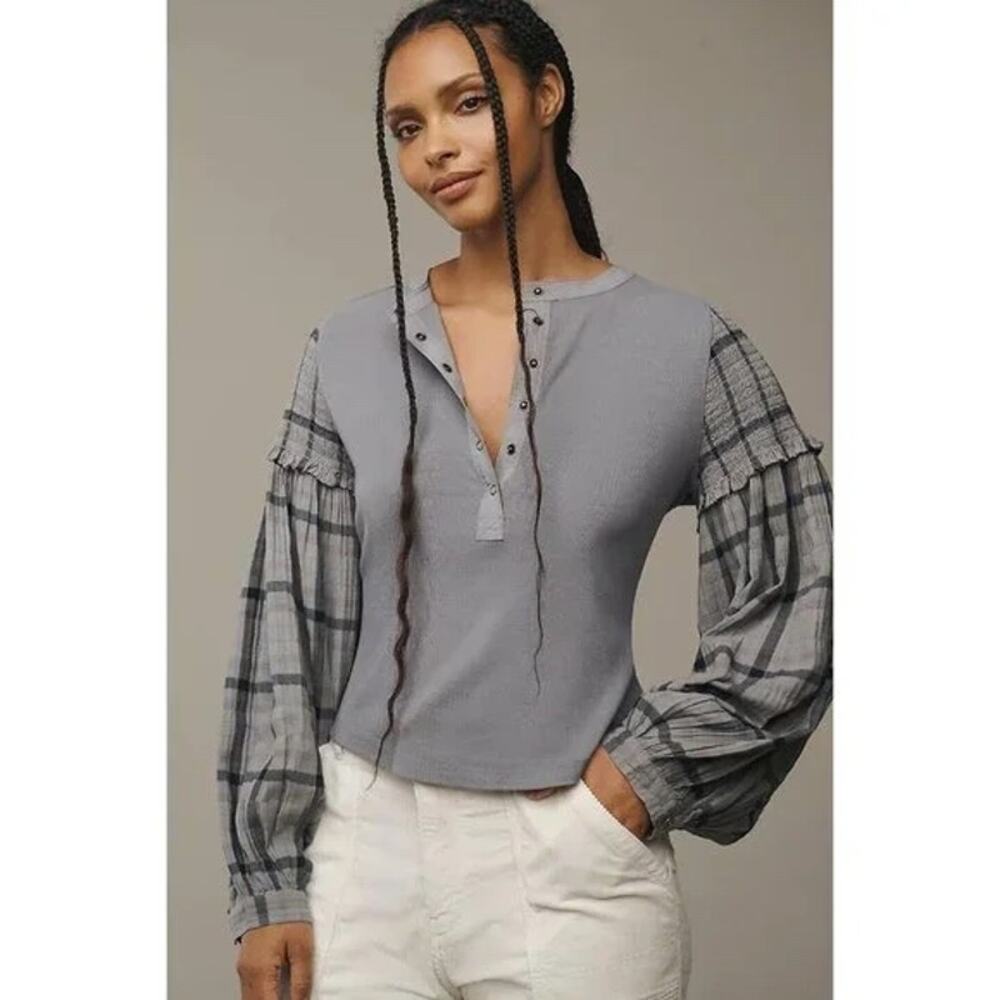 Anthropologie Pilcro Andie Plaid Balloon Sleeve Ribbed Snap Henley Top S